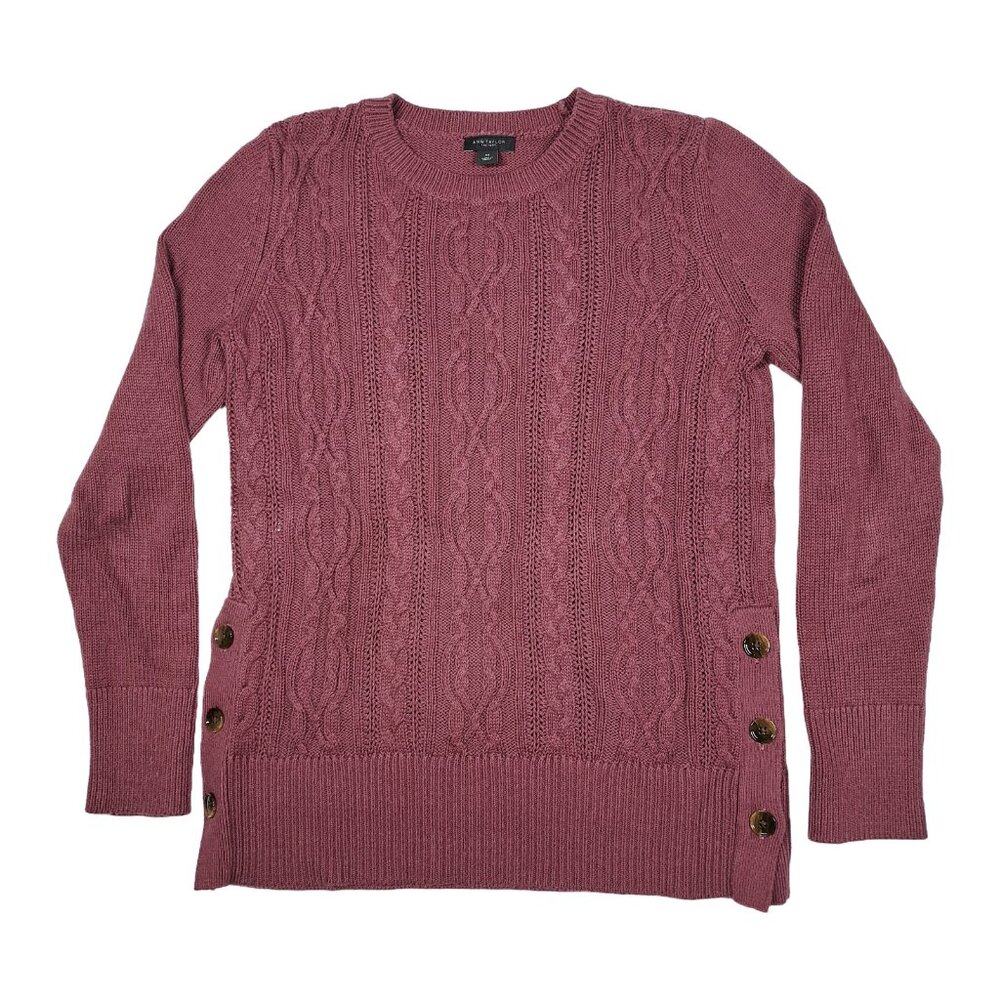 Ann Taylor Womens Cable Knit Sweater XS Purple Berry Button Detail Crew Neck